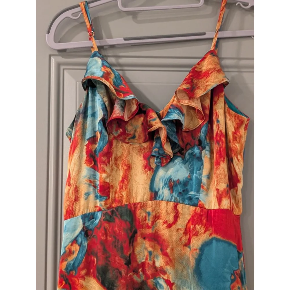 Women's NOVALUXE Small Red Blue Abstract Tiered Ruffle Maxi Dress - Picture 4 of 14